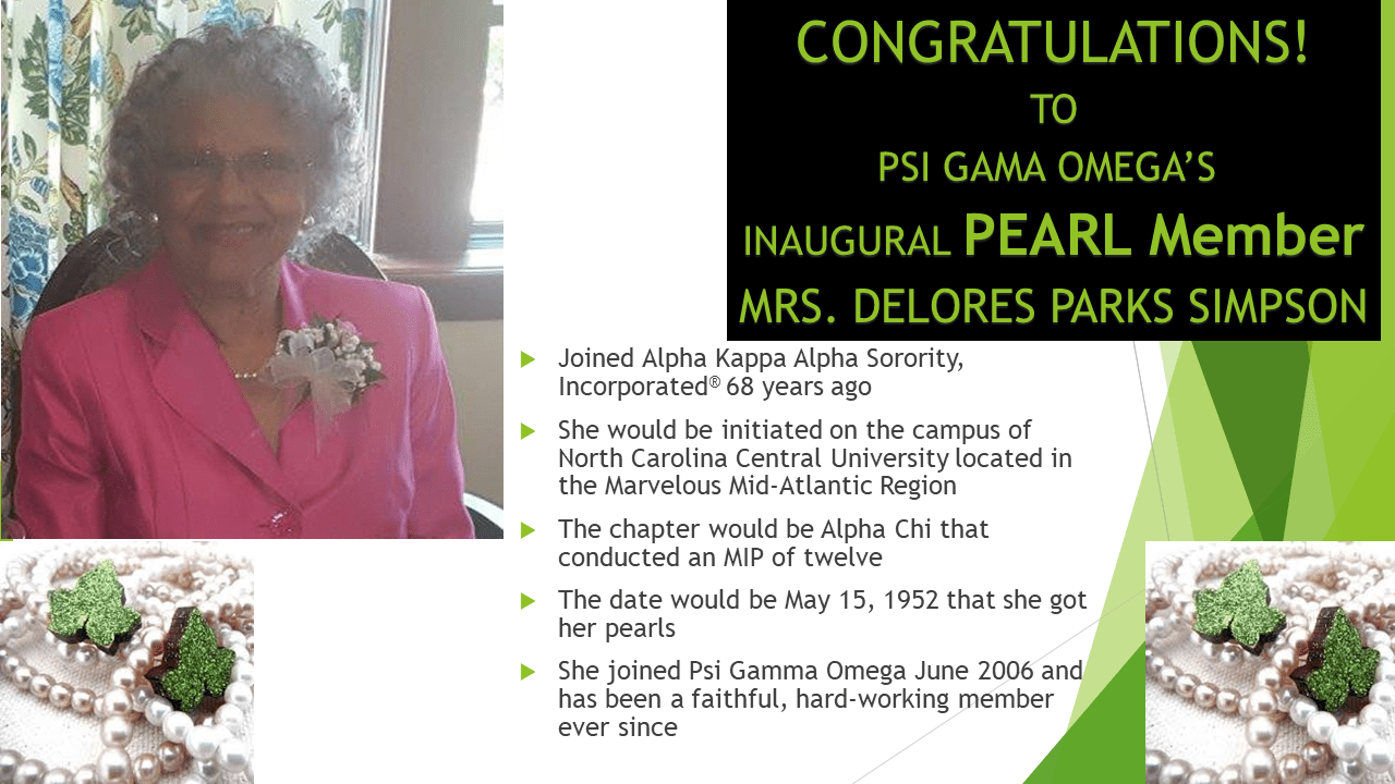 Mrs. Delores Parks Simpson - Psi Gamma Omega's Inaugural Pearl Member